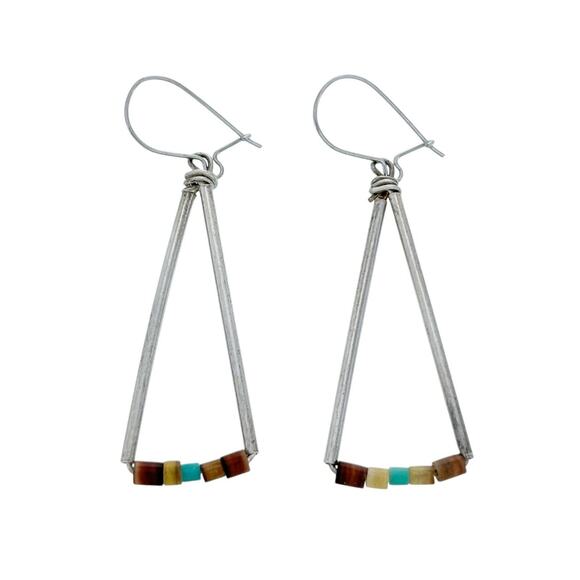 Vintage Sterling Silver 925 Turquoise And Shell Triangle Drop Earrings - Picture 1 of 4